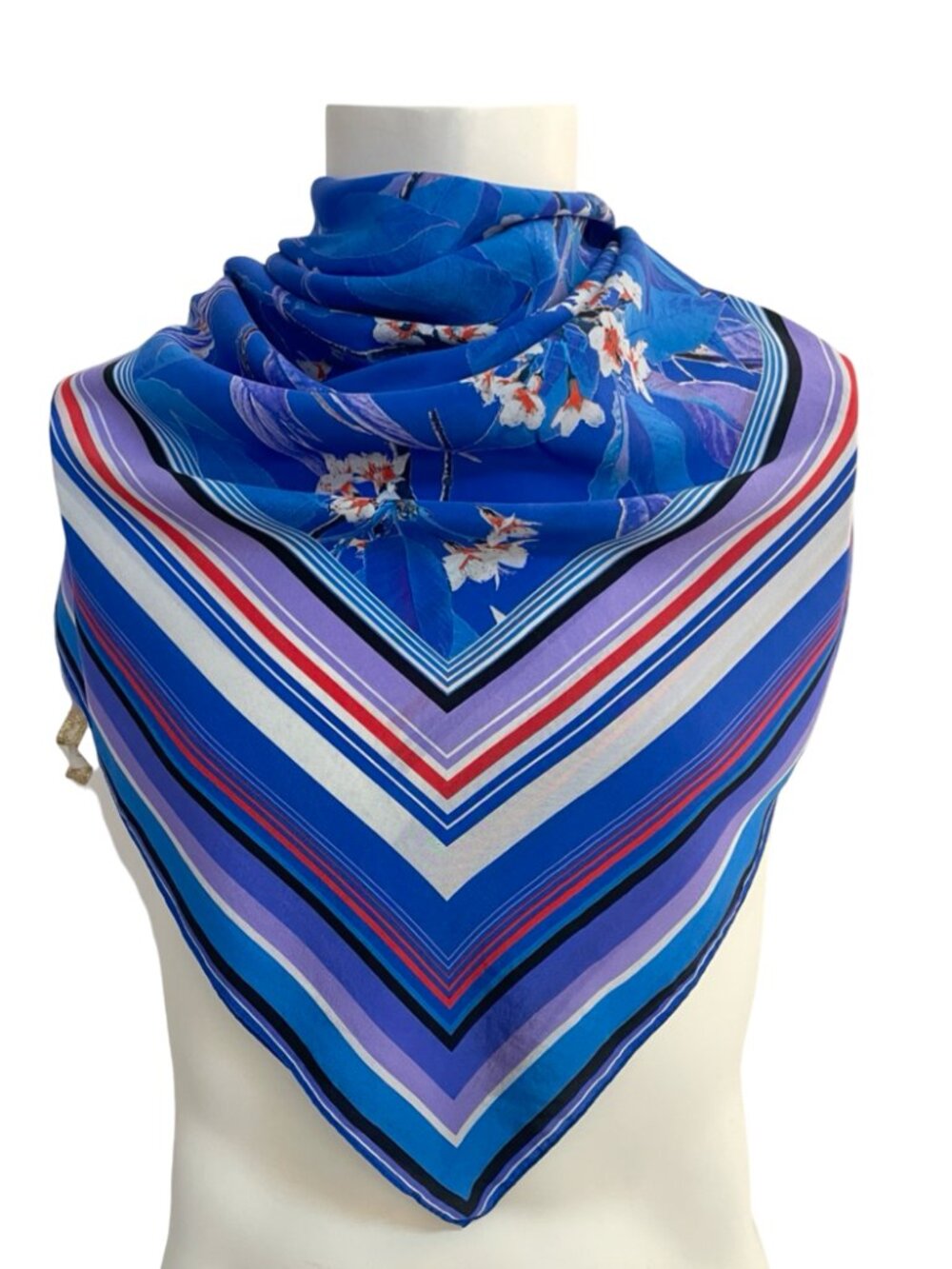 Gottex Blue Floral Silk Feel Scarf Large Square 52 x 48 Botanical Wrap